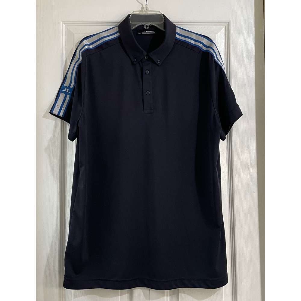 J. Lindeberg Mens Slim Fit Navy Golf Polo Shirt‎ Double Stripe Sleeve Logo XXL